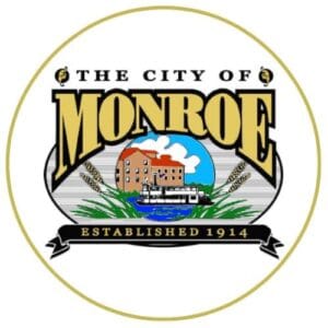 City of Monroe, Oregon official logo with mountain landscape and river